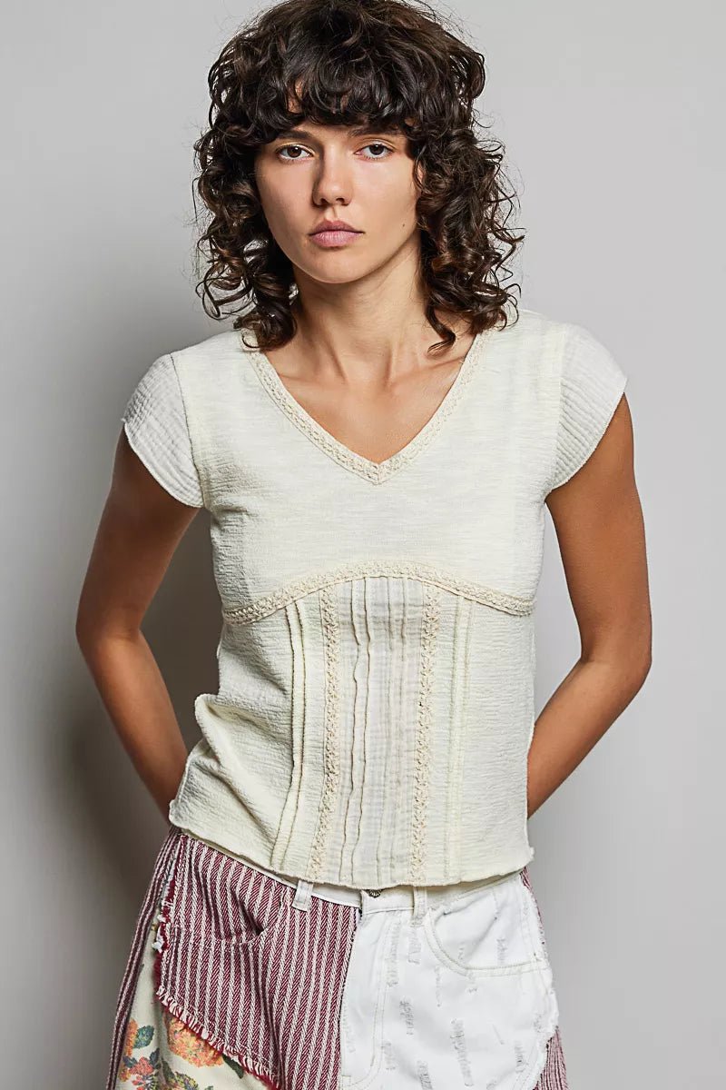 Lace Trim Textured Knit Top – Soft Feminine Style | QBA - Q.B.Accessories