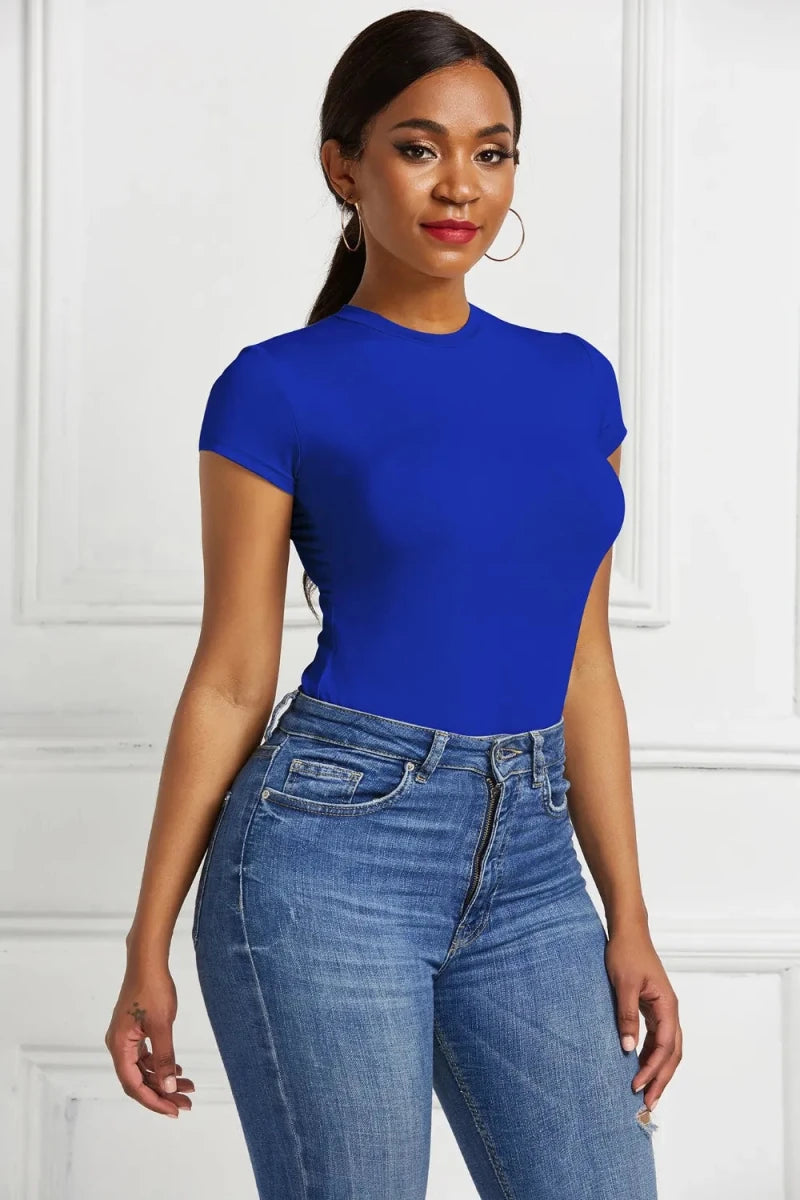 Round Neck Short Sleeve Bodysuit - Q.B.Accessories