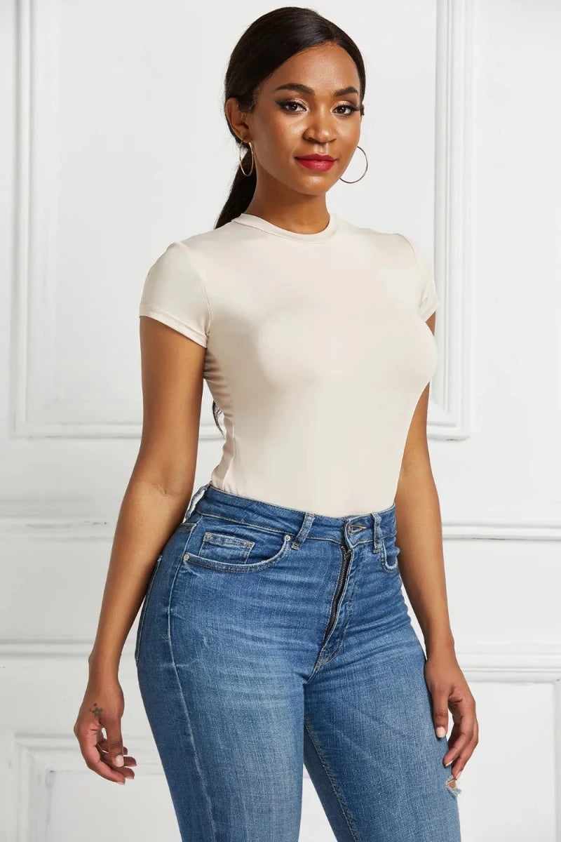 Round Neck Short Sleeve Bodysuit - Q.B.Accessories