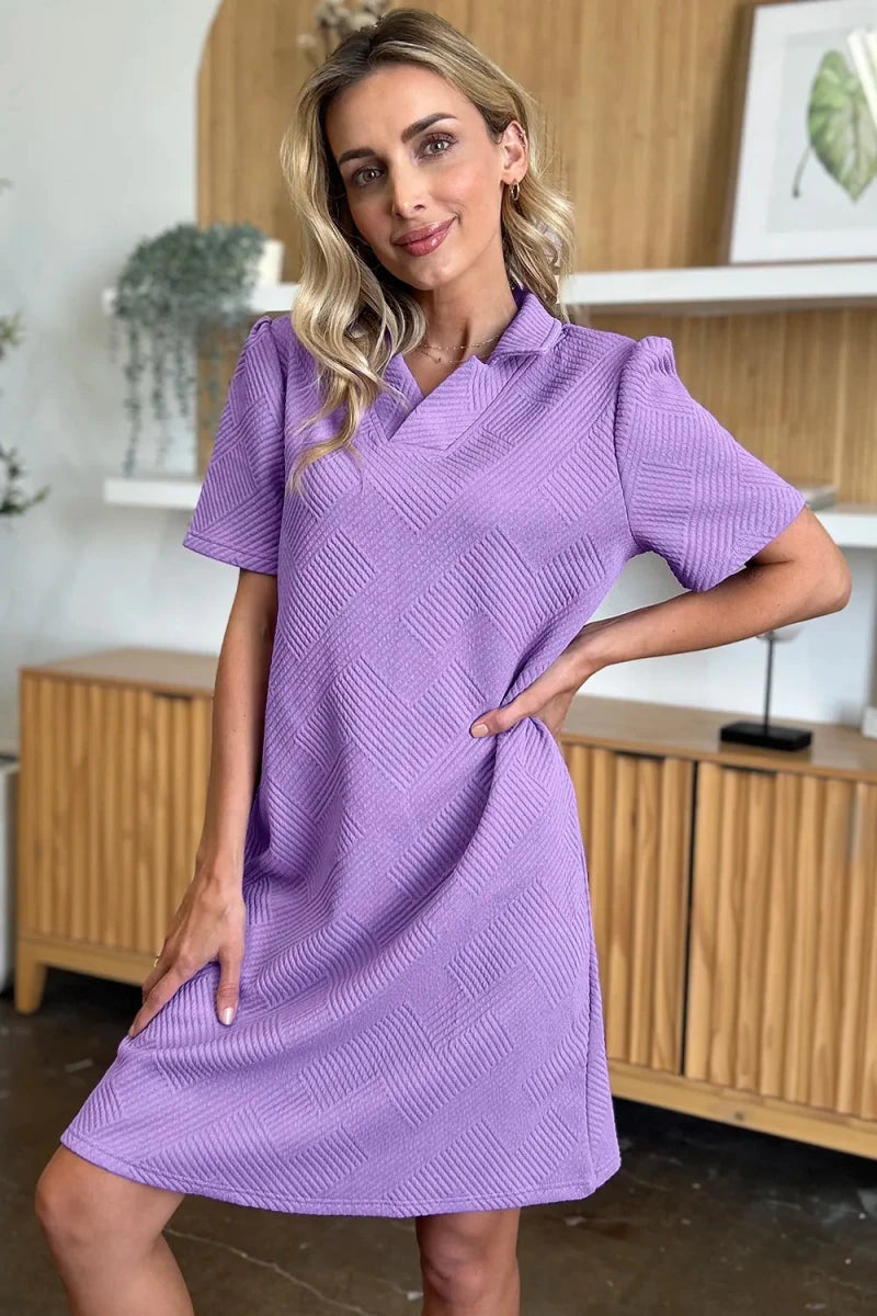 Double Take Full Size Texture Collared Neck Short Sleeve Dress - Q.B.Accessories