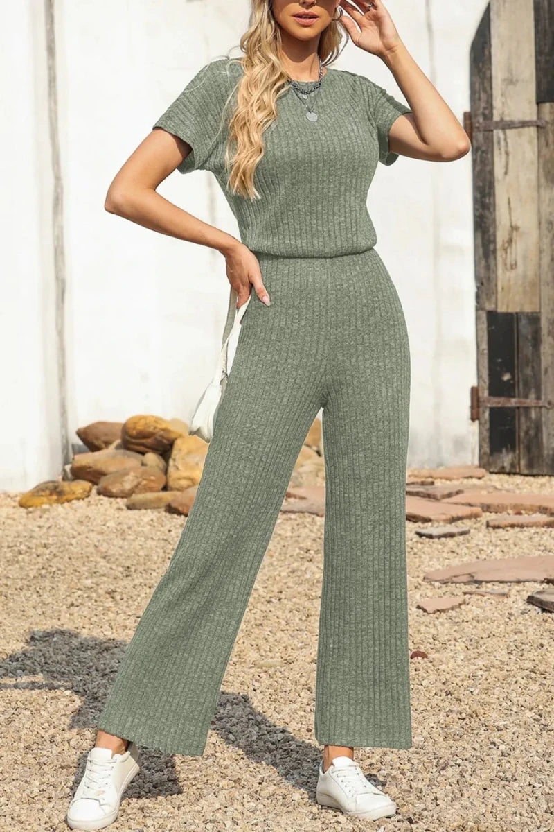 Ribbed Short Sleeve Wide Leg Jumpsuit - Q.B.Accessories