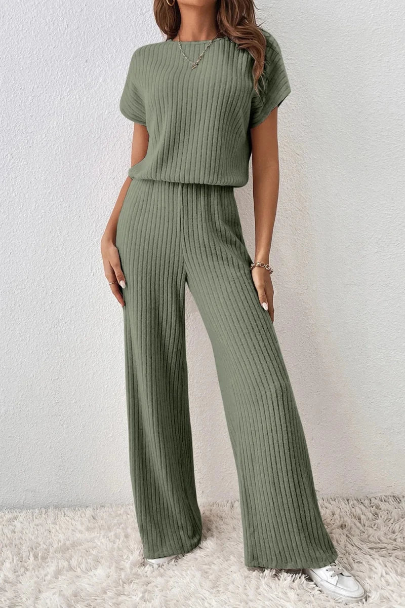 Ribbed Short Sleeve Wide Leg Jumpsuit - Q.B.Accessories