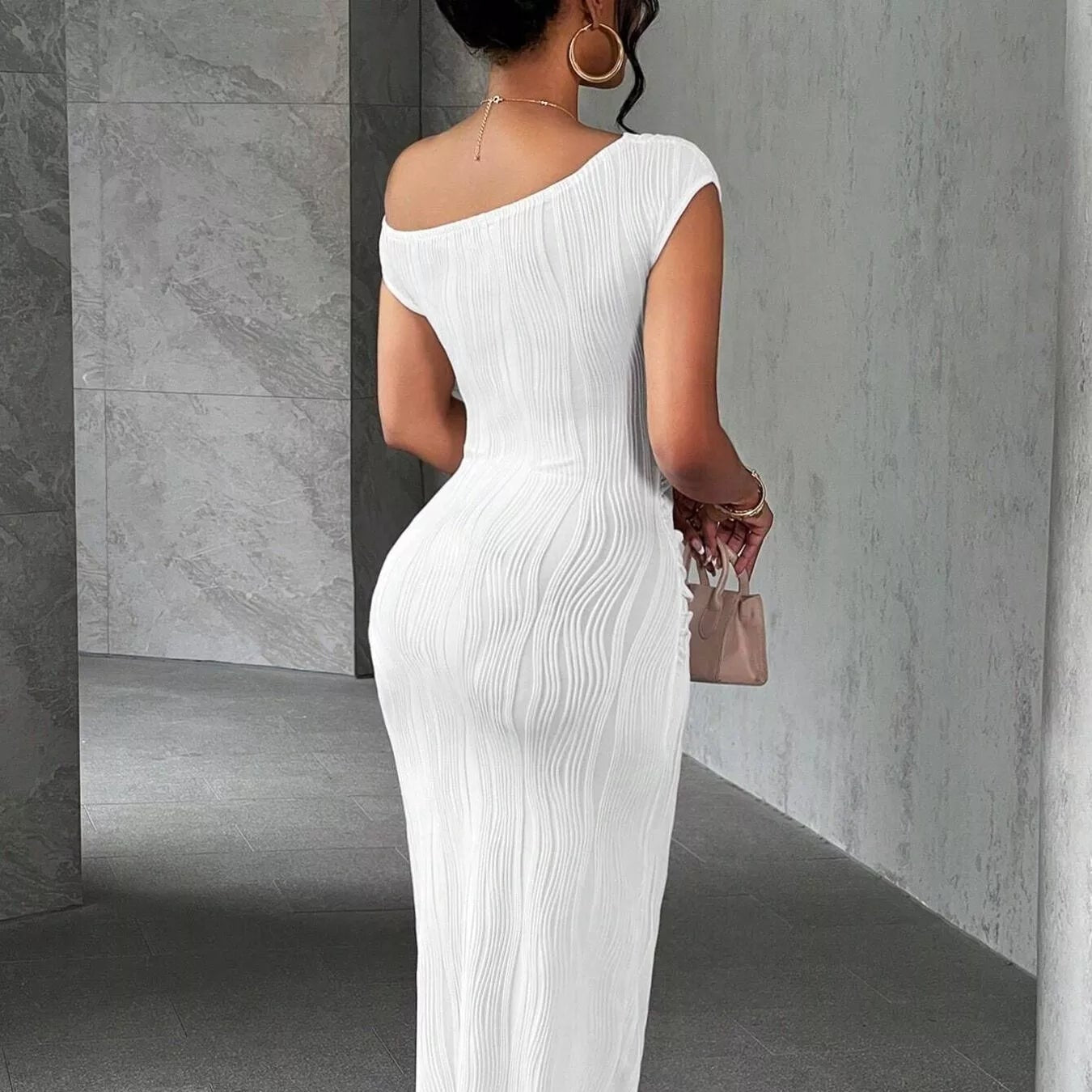 One-Shoulder Textured Maxi Dress - Q.B.Accessories