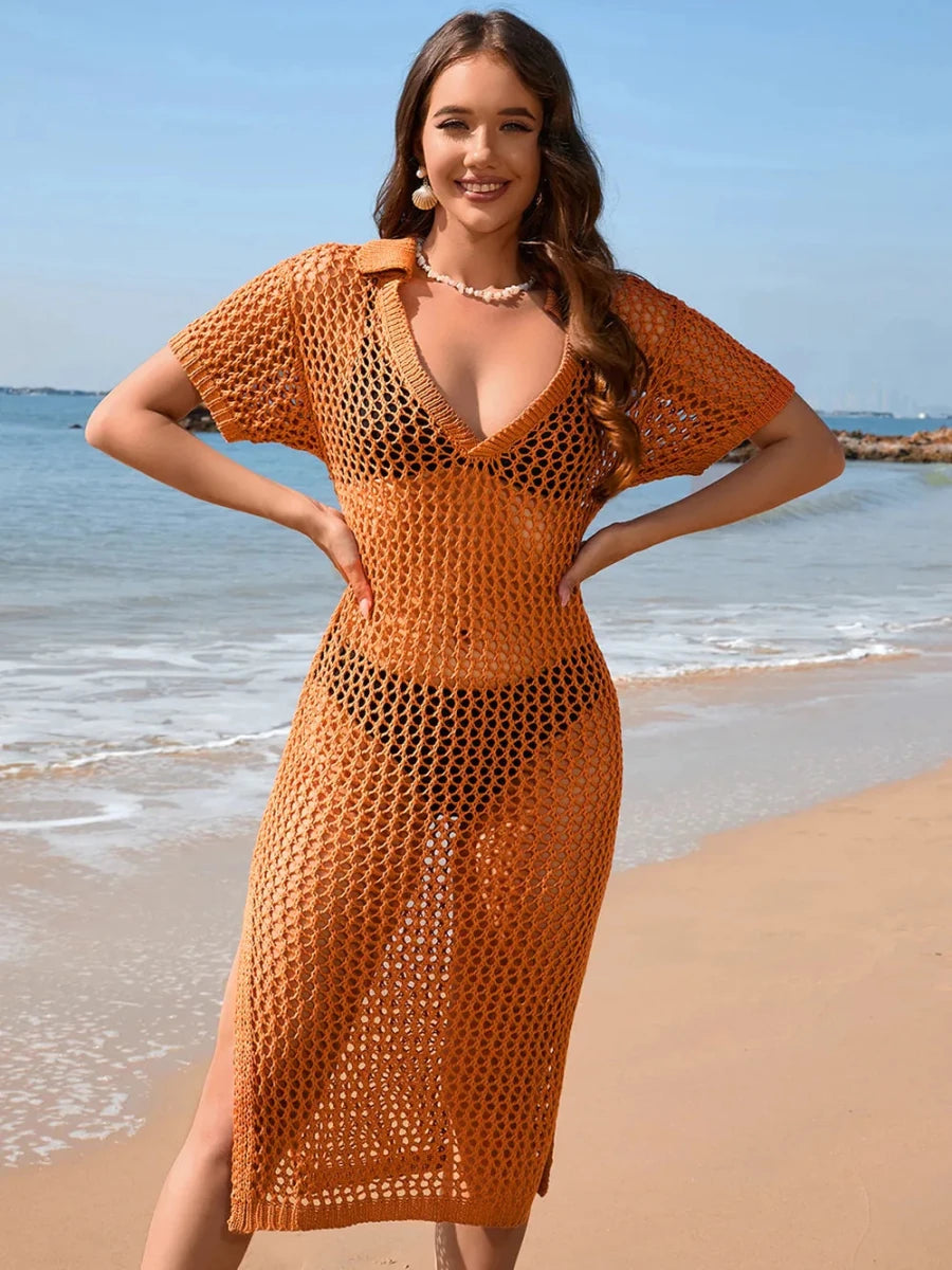 Slit Openwork Johnny Collar Short Sleeve Cover - Up - Q.B.Accessories