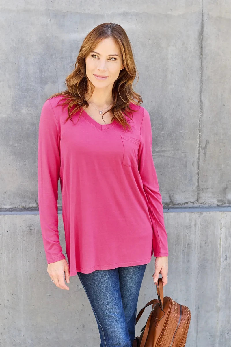 Essential V - Neck Long Sleeve Top – Everyday Comfort Fit | QBA - Q.B.Accessories