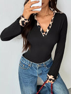 Leopard Trim Ribbed Knit Bodysuit - Q.B.Accessories