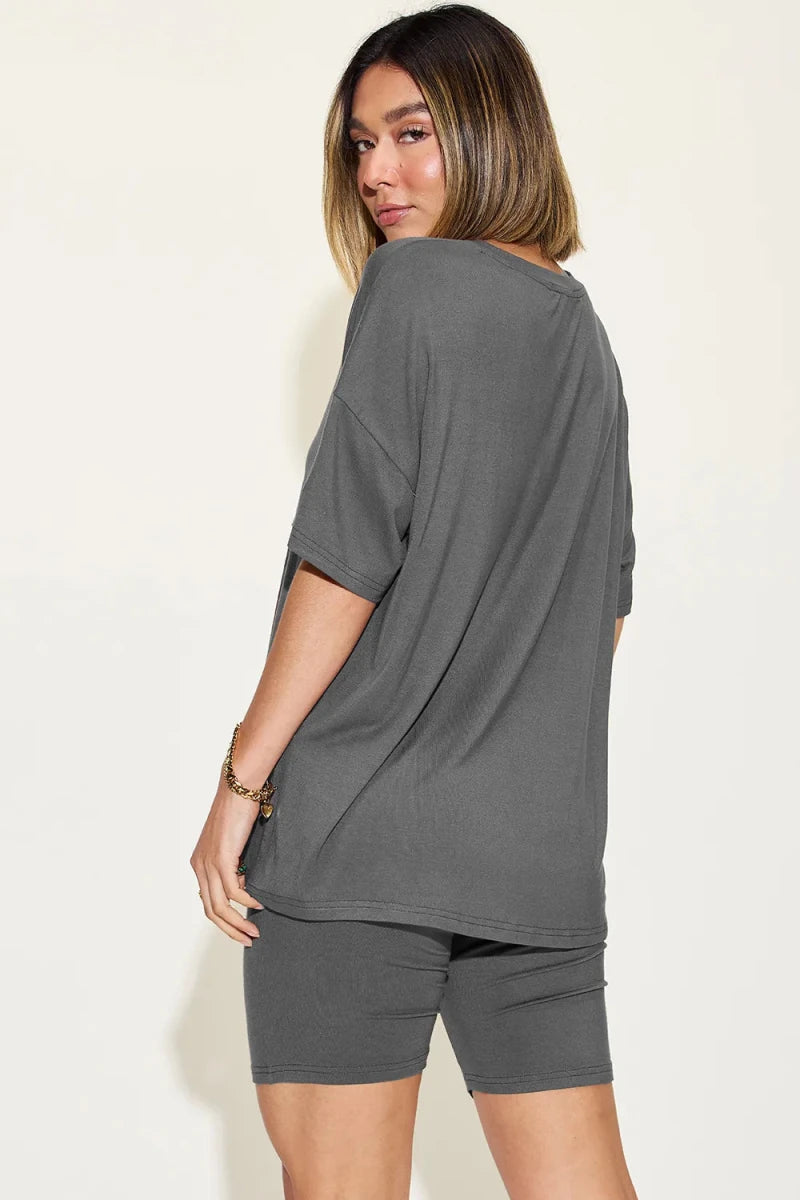 Basic Bae Full Size V - Neck Drop Shoulder T-Shirt and Shorts Set - Q.B.Accessories