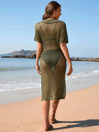 Slit Openwork Johnny Collar Short Sleeve Cover - Up - Q.B.Accessories