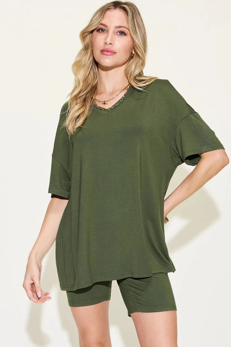 Basic Bae Full Size V - Neck Drop Shoulder T-Shirt and Shorts Set - Q.B.Accessories
