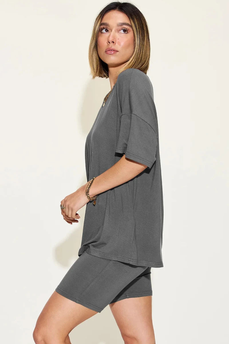 Basic Bae Full Size V - Neck Drop Shoulder T-Shirt and Shorts Set - Q.B.Accessories