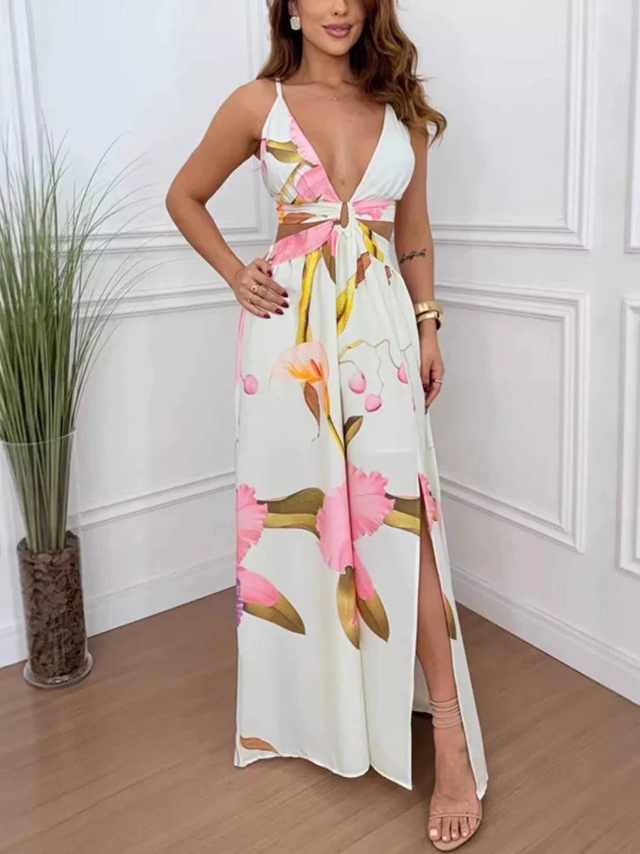 Tropical Print Plunge Cutout Slit Maxi Dress - Q.B.Accessories
