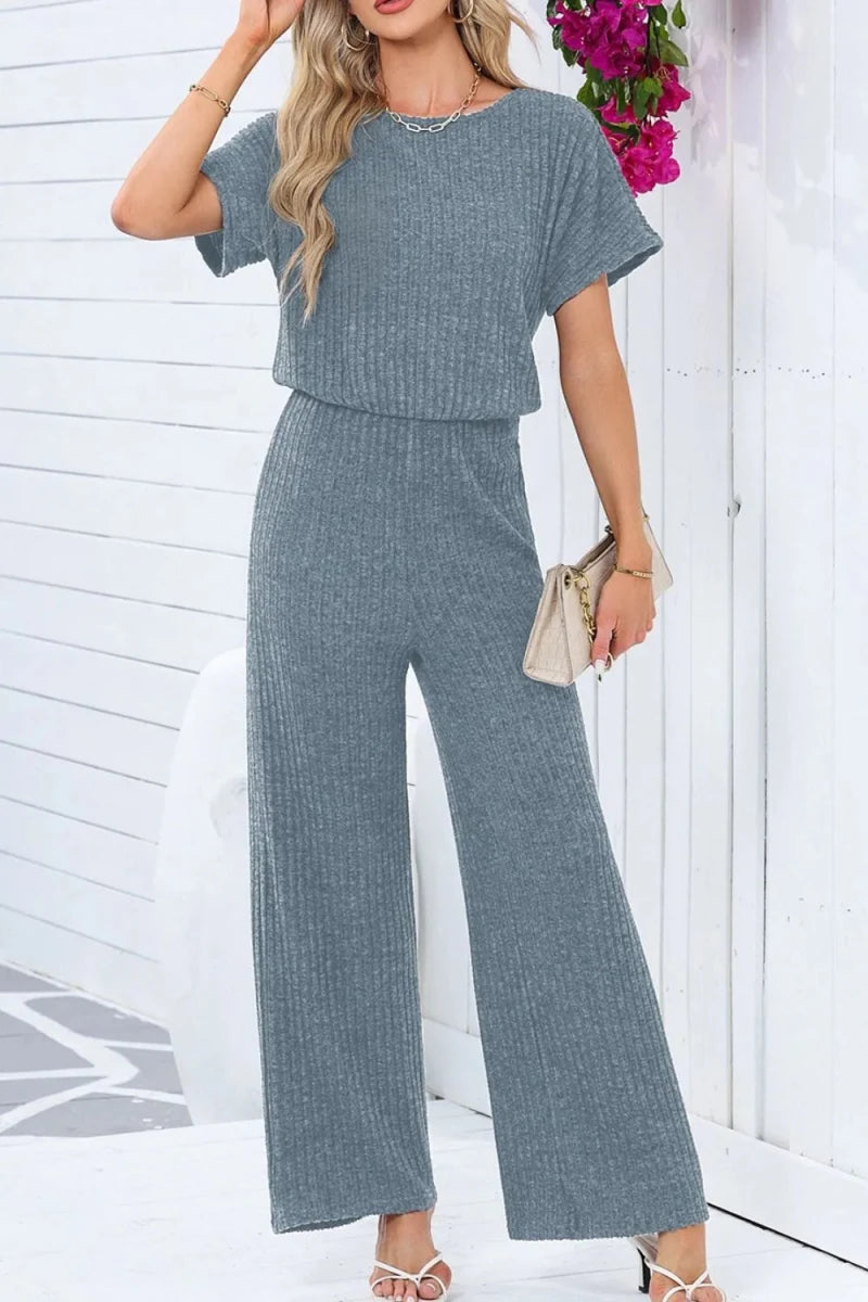 Ribbed Short Sleeve Wide Leg Jumpsuit - Q.B.Accessories