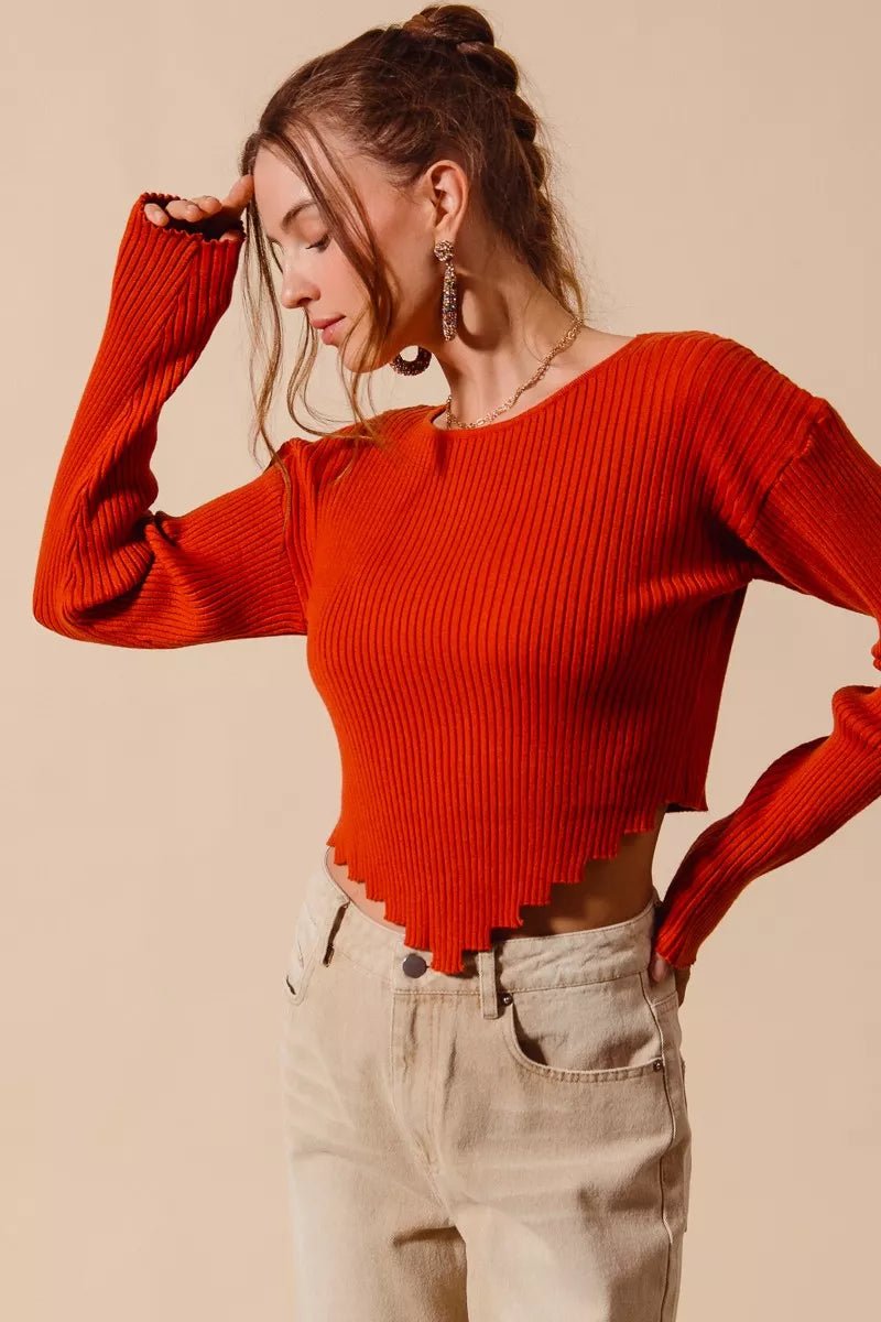 Ribbed Crop Sweater Top – Shaped Hem Detail | QBA - Q.B.Accessories