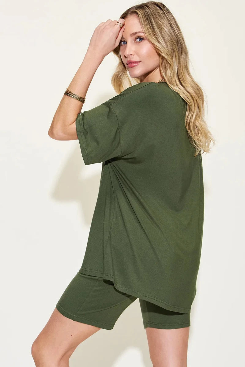 Basic Bae Full Size V - Neck Drop Shoulder T-Shirt and Shorts Set - Q.B.Accessories
