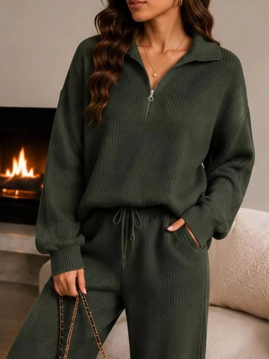 Ribbed Quarter-Zip Wide-Leg Pants Set - Q.B.Accessories