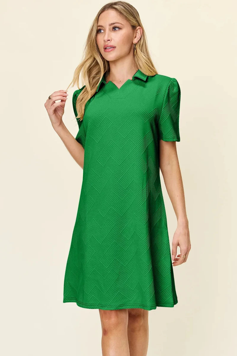 Double Take Full Size Texture Collared Neck Short Sleeve Dress - Q.B.Accessories