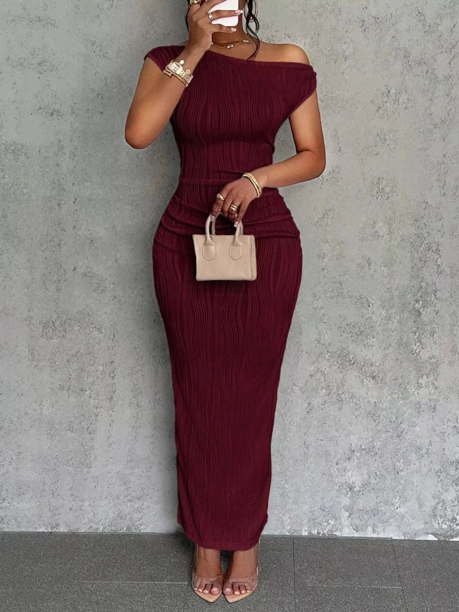 One-Shoulder Textured Maxi Dress - Q.B.Accessories
