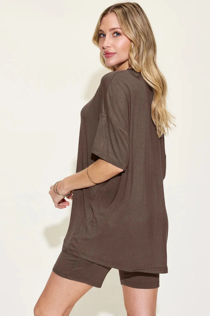 Basic Bae Full Size V - Neck Drop Shoulder T-Shirt and Shorts Set - Q.B.Accessories