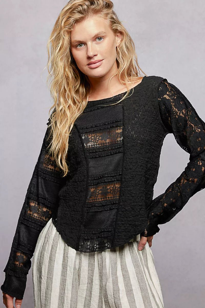 Lace Detail Long Sleeve Top – Elegant Everyday Fit | QBA - Q.B.Accessories