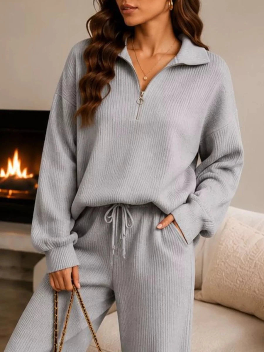 Ribbed Quarter-Zip Wide-Leg Pants Set - Q.B.Accessories