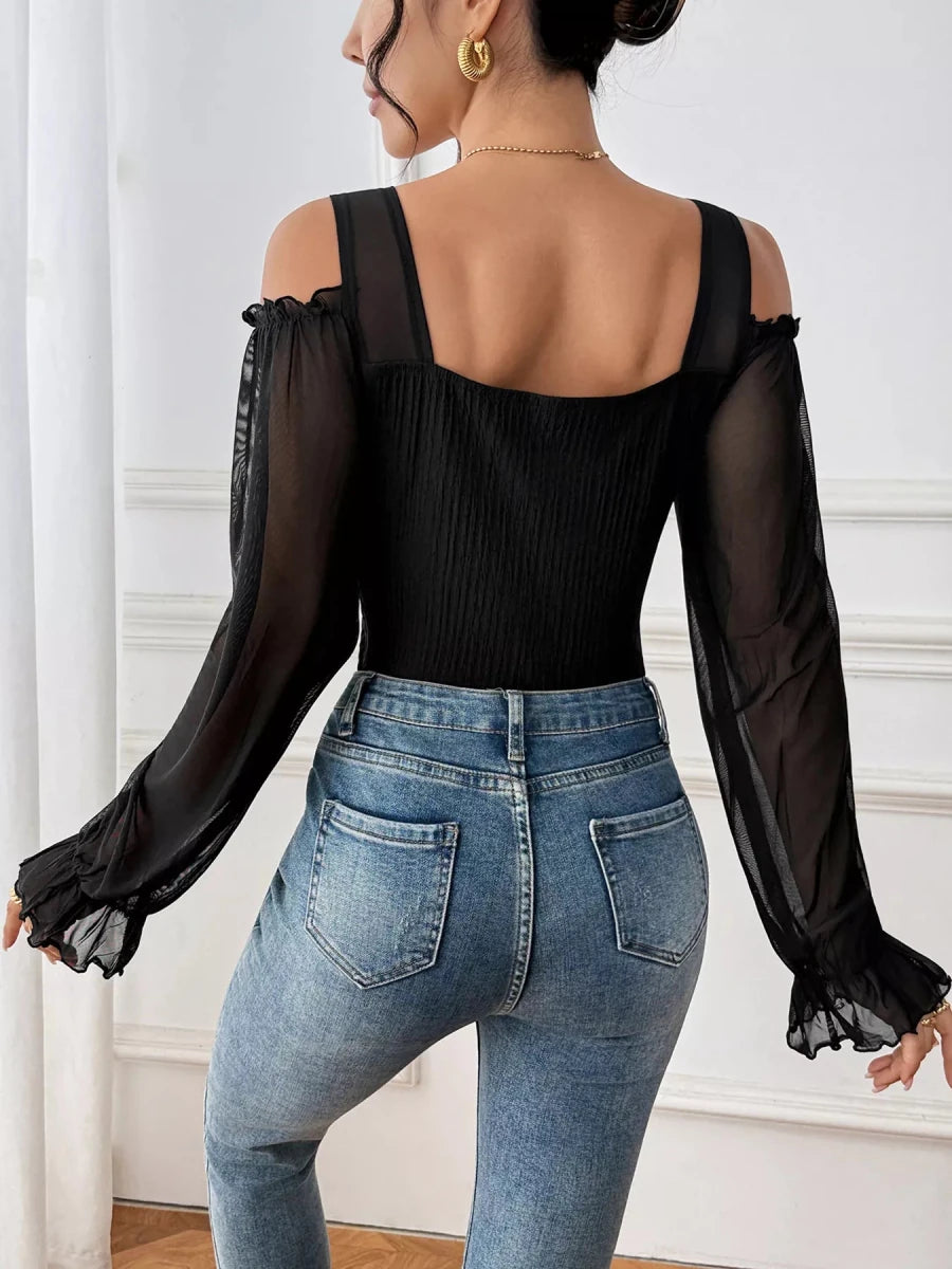 Cold Shoulder Flounce Sleeve Bodysuit - Q.B.Accessories