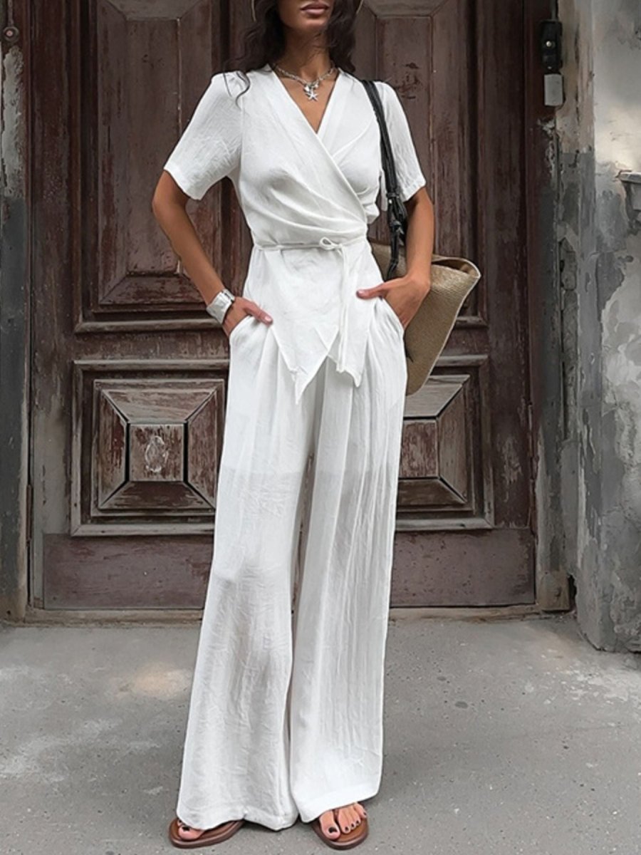Wrap Top & Wide Leg Pants Set - Q.B.Accessories