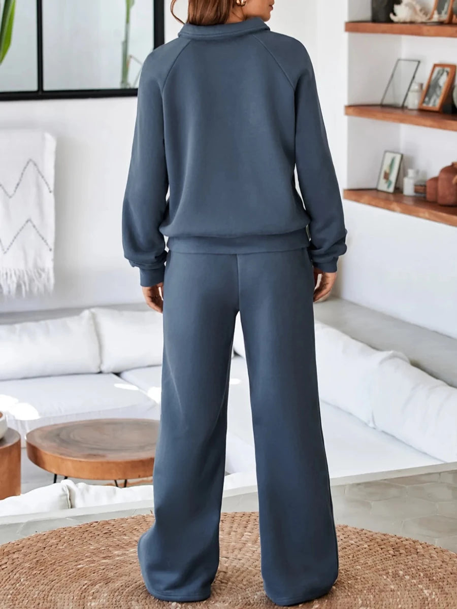 Collared Sweatshirt and High Waist Pants Active Set - Q.B.Accessories