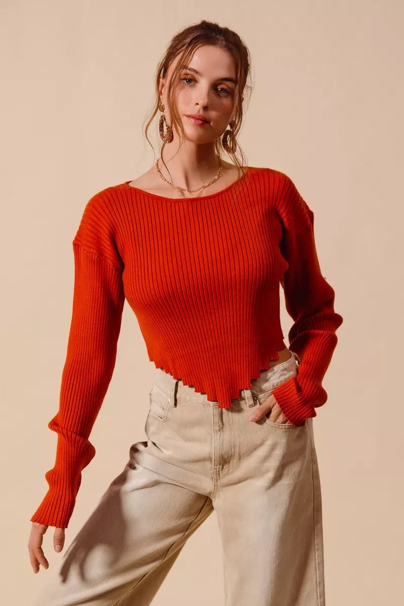 Ribbed Crop Sweater Top – Shaped Hem Detail | QBA - Q.B.Accessories