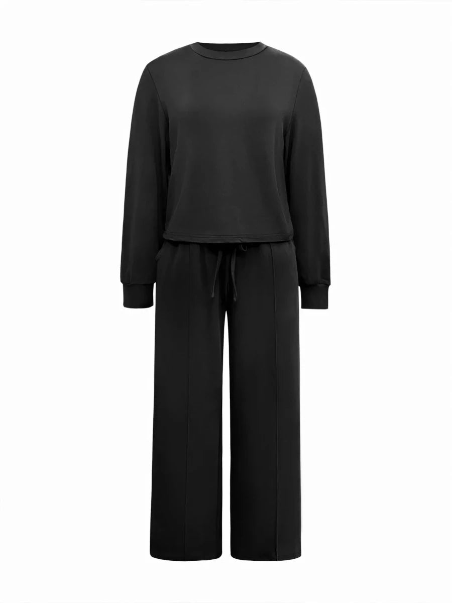 Solid Color Long Sleeve Top & Wide Leg Pants Set - Q.B.Accessories