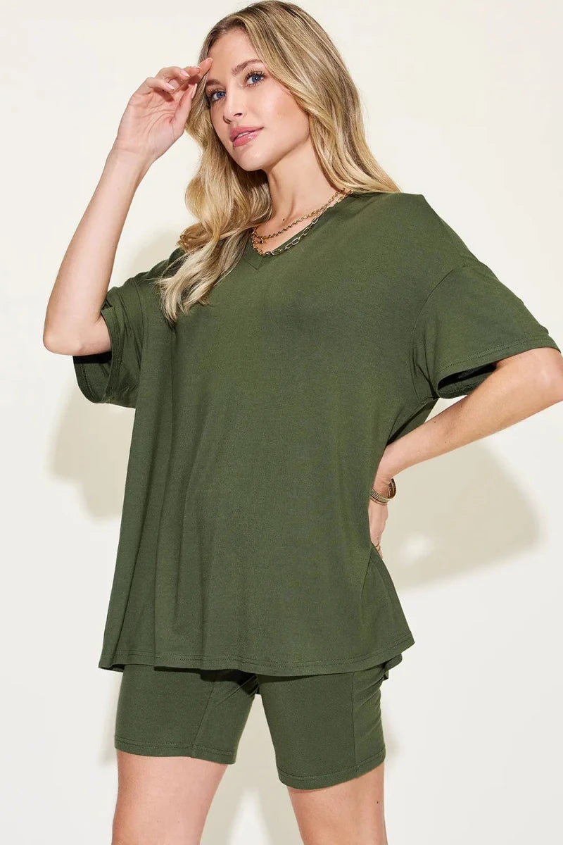 Basic Bae Full Size V - Neck Drop Shoulder T-Shirt and Shorts Set - Q.B.Accessories
