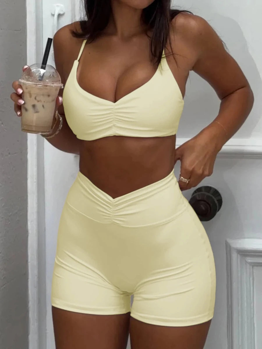 Ruched Sports Bra and High - Waisted Shorts Active Set - Q.B.Accessories