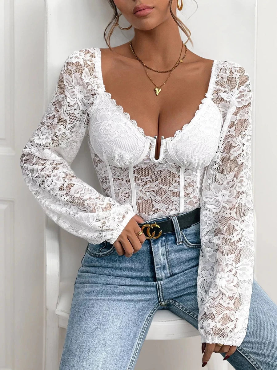 Lace V - Neck Long Sleeve Bodysuit - Q.B.Accessories