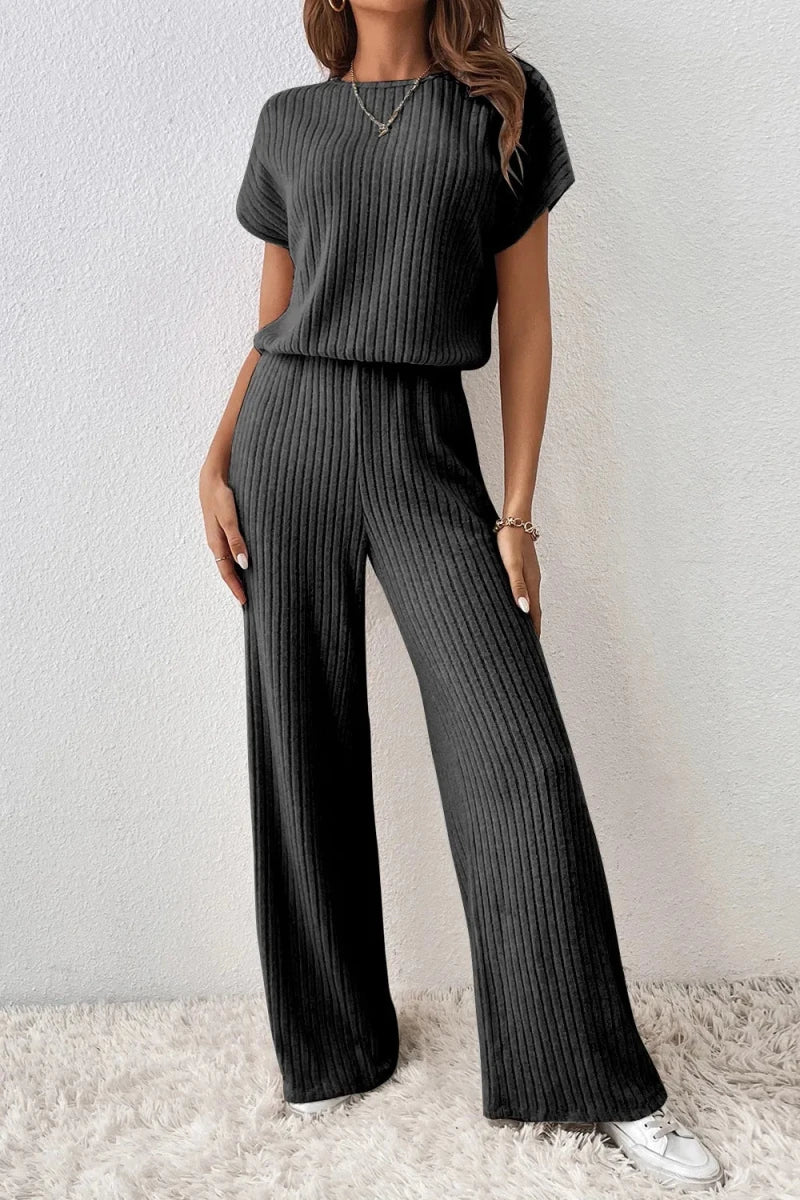 Ribbed Short Sleeve Wide Leg Jumpsuit - Q.B.Accessories