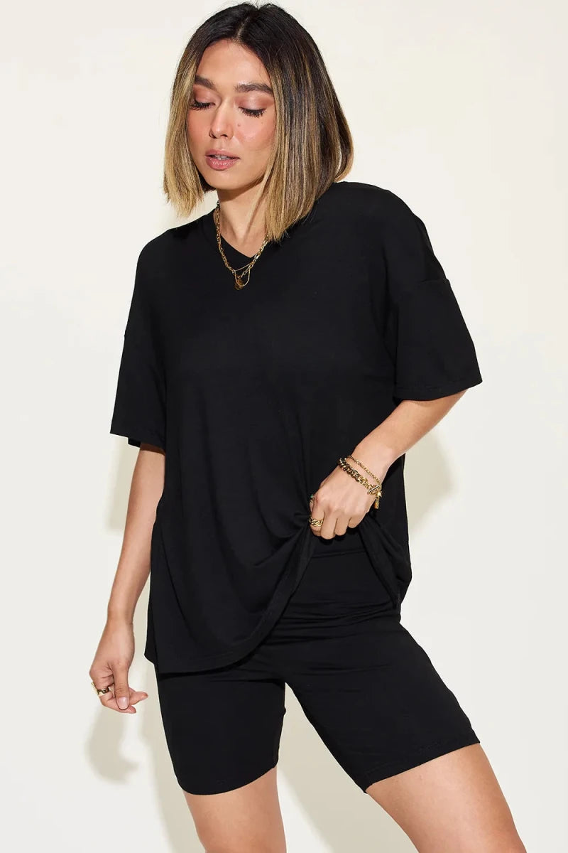 Basic Bae Full Size V - Neck Drop Shoulder T-Shirt and Shorts Set - Q.B.Accessories
