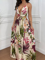 Tropical Print Plunge Cutout Slit Maxi Dress - Q.B.Accessories
