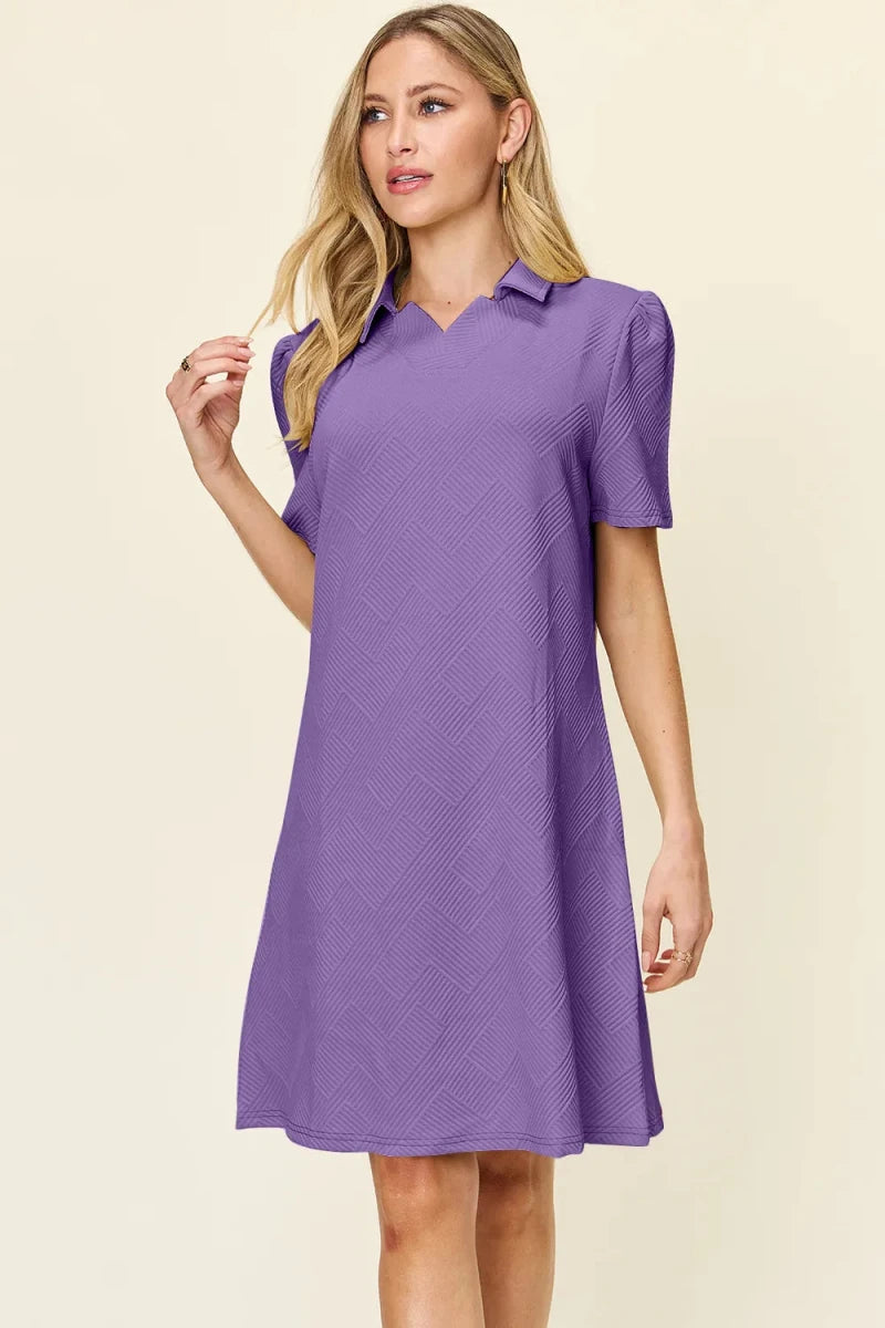 Double Take Full Size Texture Collared Neck Short Sleeve Dress - Q.B.Accessories