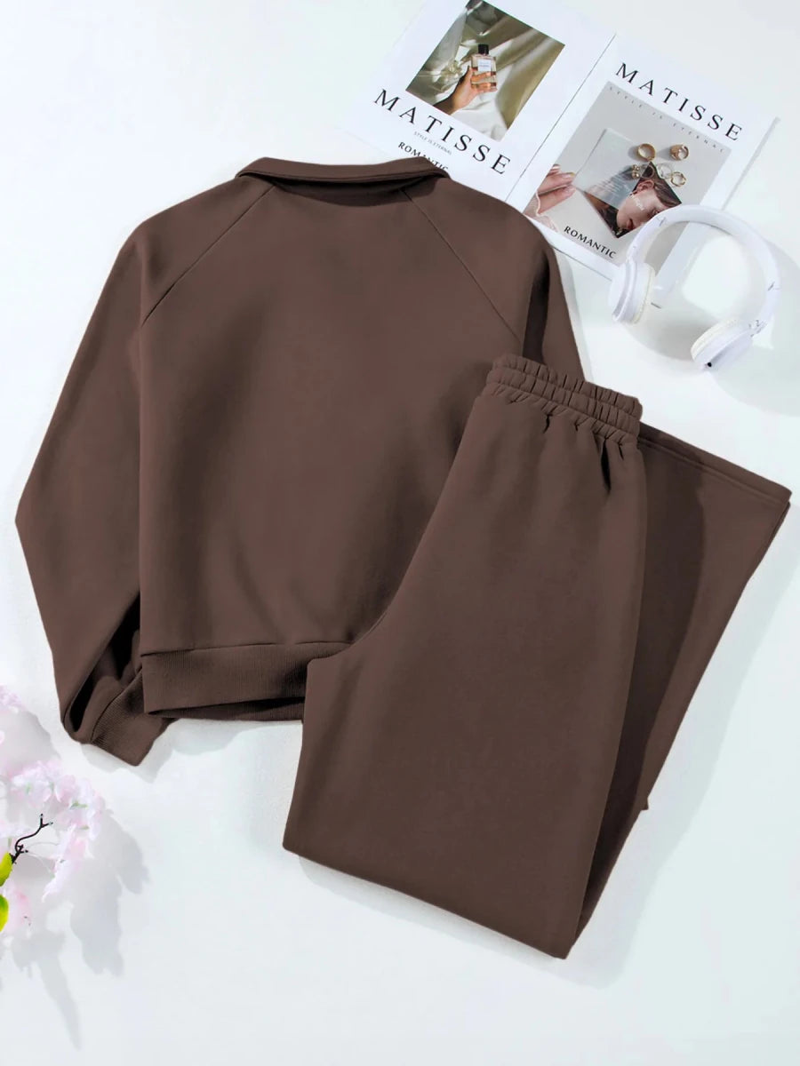 Collared Sweatshirt and High Waist Pants Active Set - Q.B.Accessories