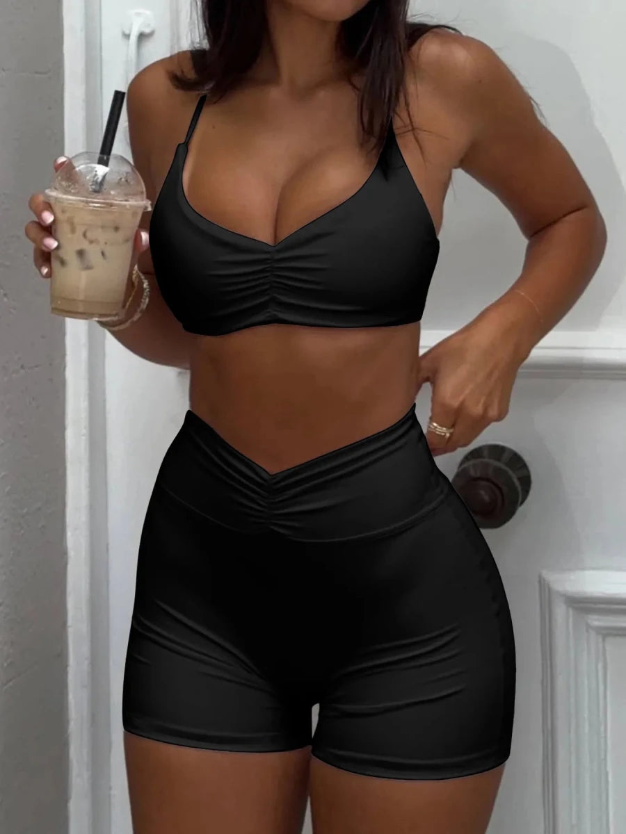 Ruched Sports Bra and High - Waisted Shorts Active Set - Q.B.Accessories