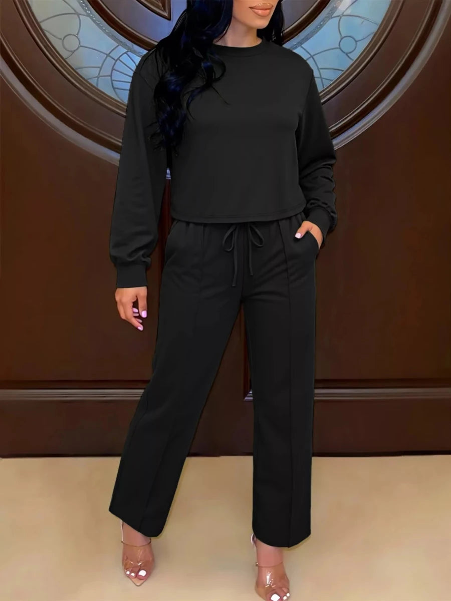 Solid Color Long Sleeve Top & Wide Leg Pants Set - Q.B.Accessories