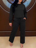 Solid Color Long Sleeve Top & Wide Leg Pants Set - Q.B.Accessories