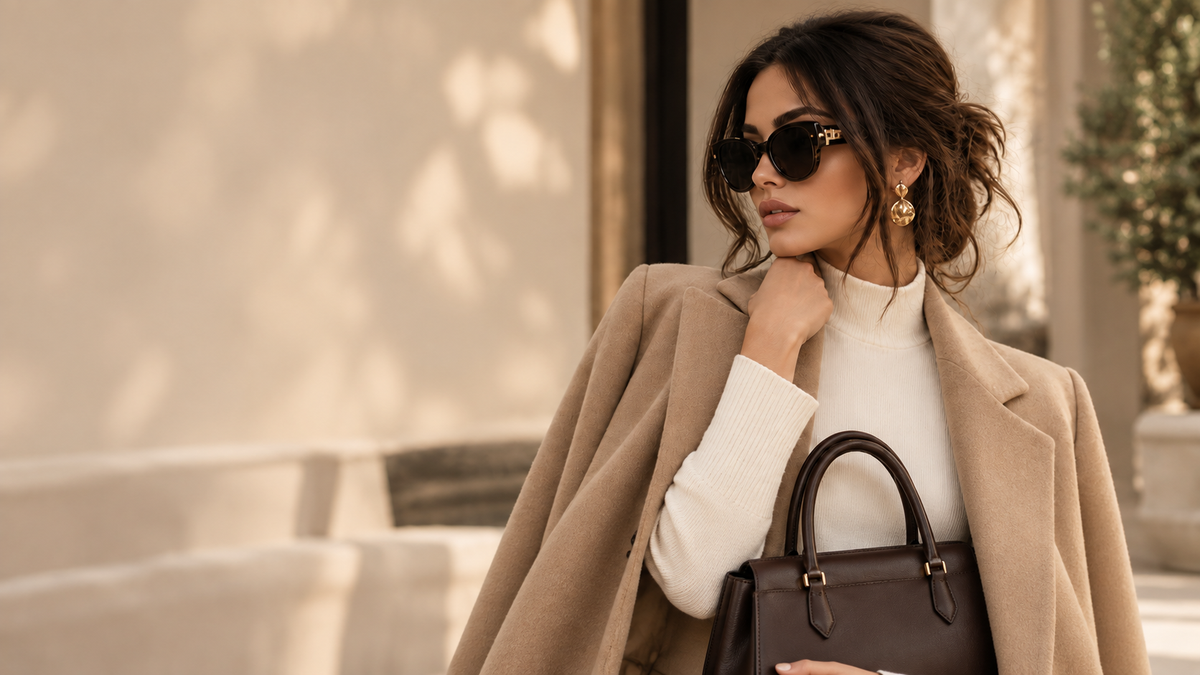 Editorial model in camel coat and sunglasses with a structured handbag